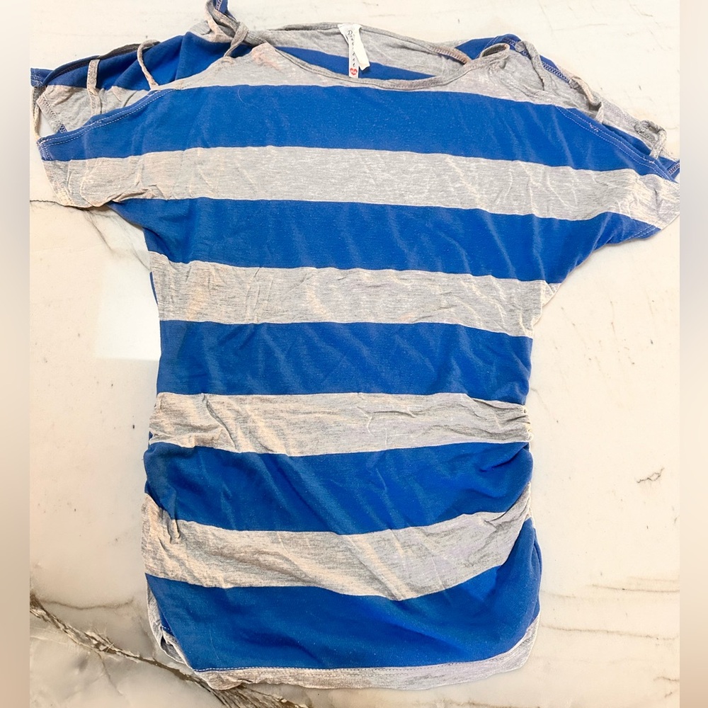 Blue and grey strip top with shoulder cutouts